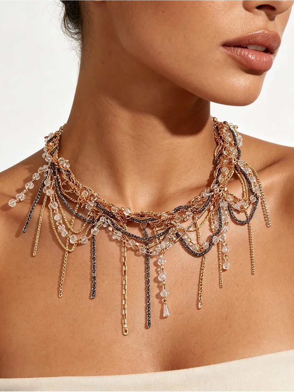 ❤️ NWT! All Twisted Up Gold x Black x Crystal Fringe Messy Necklace